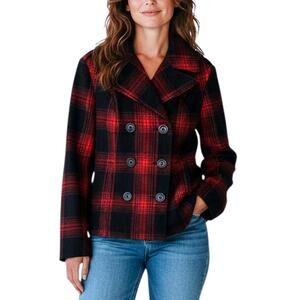 OLD NAvy Womens (L) Black/Red Plaid Double-Breasted Wool Blend Pea Coat - Lined